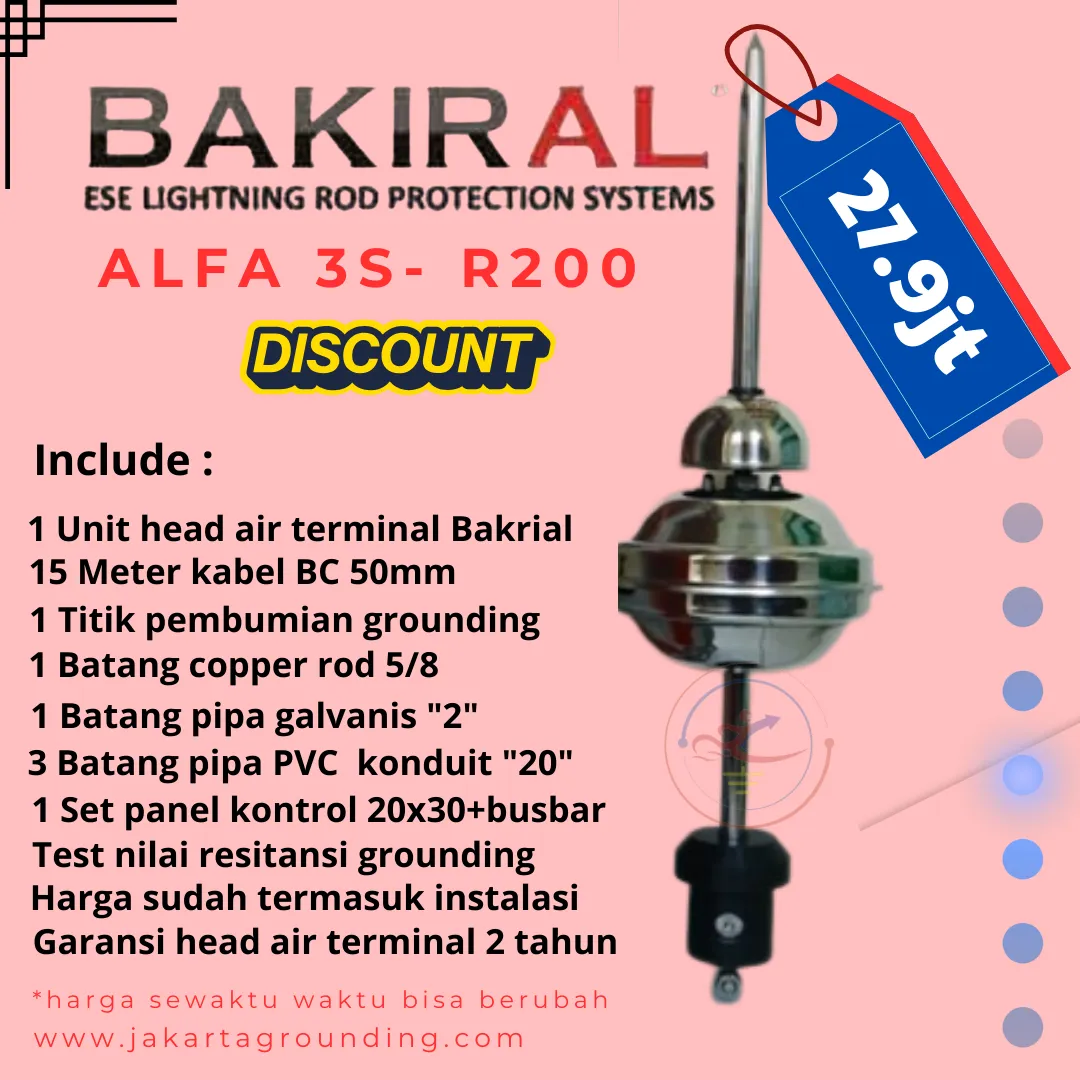 Paket pemasangan penangkal petir elektrostatis Bakira; radius 200 meter
