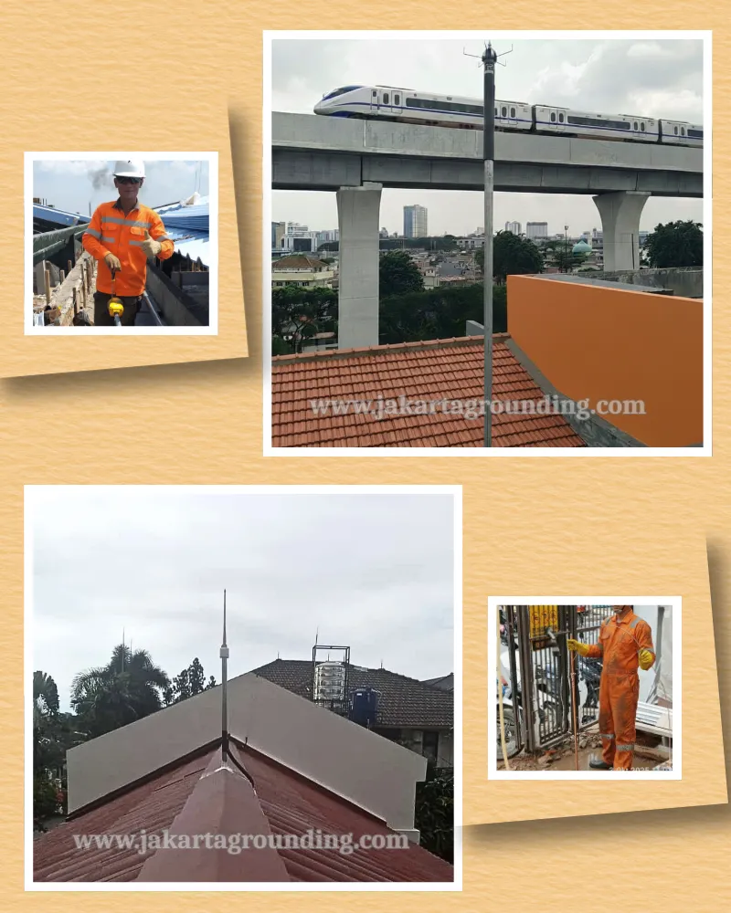 Pasang penangkal petir elektrostatis Jakarta, pengeboran grounding system murah Bekasi, teknisi anti petir profesional Tangerang.